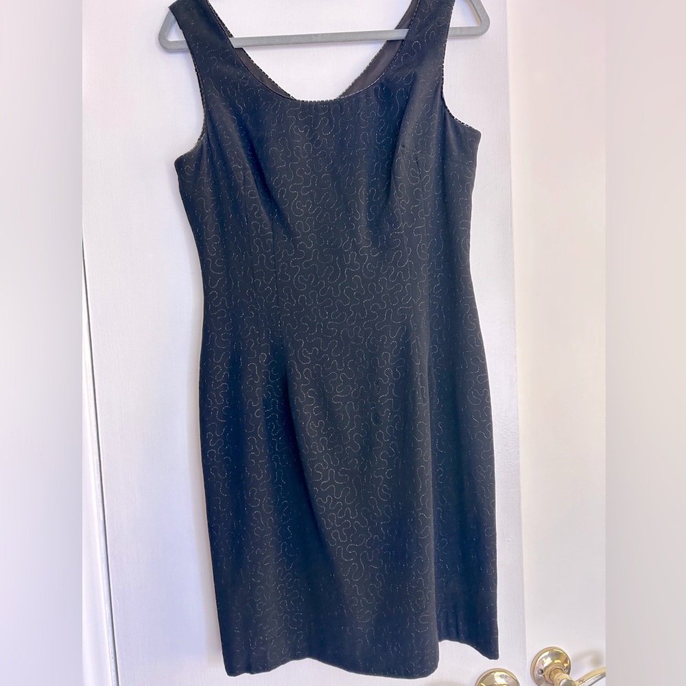 Laundry Black Sheath Dress Knee Length Metallic Thread Beaded Trim LBD Dress, 10